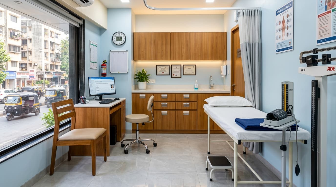 Consultation room at Dr Bakshi Clinic M.P. Nagar