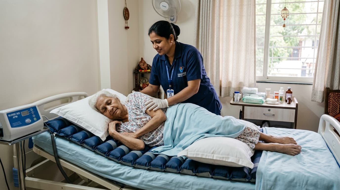 Nurse repositioning a bedridden patient to prevent bedsores