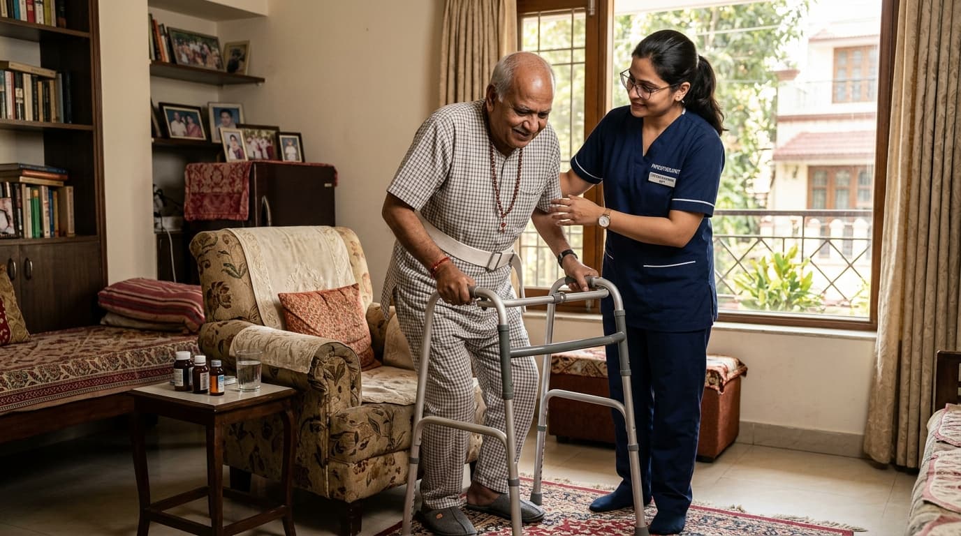 Physiotherapist helping a stroke patient stand at home in Bhopal