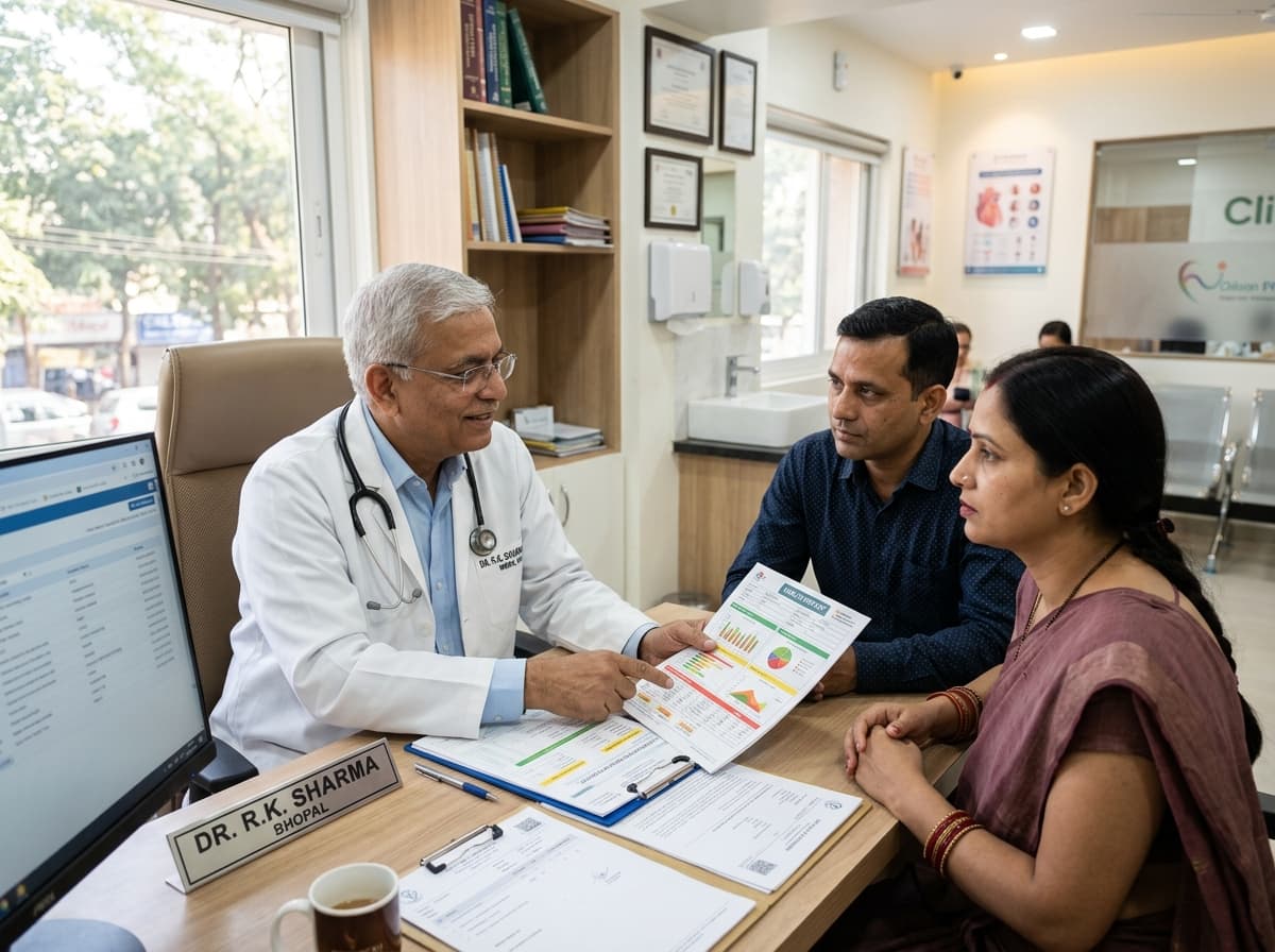 Doctor explaining a full body checkup report to a couple in Bhopal