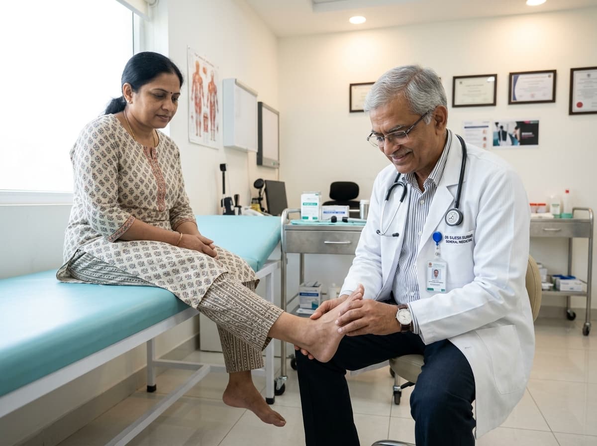 Dr. Raja Bakshi examining a diabetic foot ulcer at Bhopal wound clinic