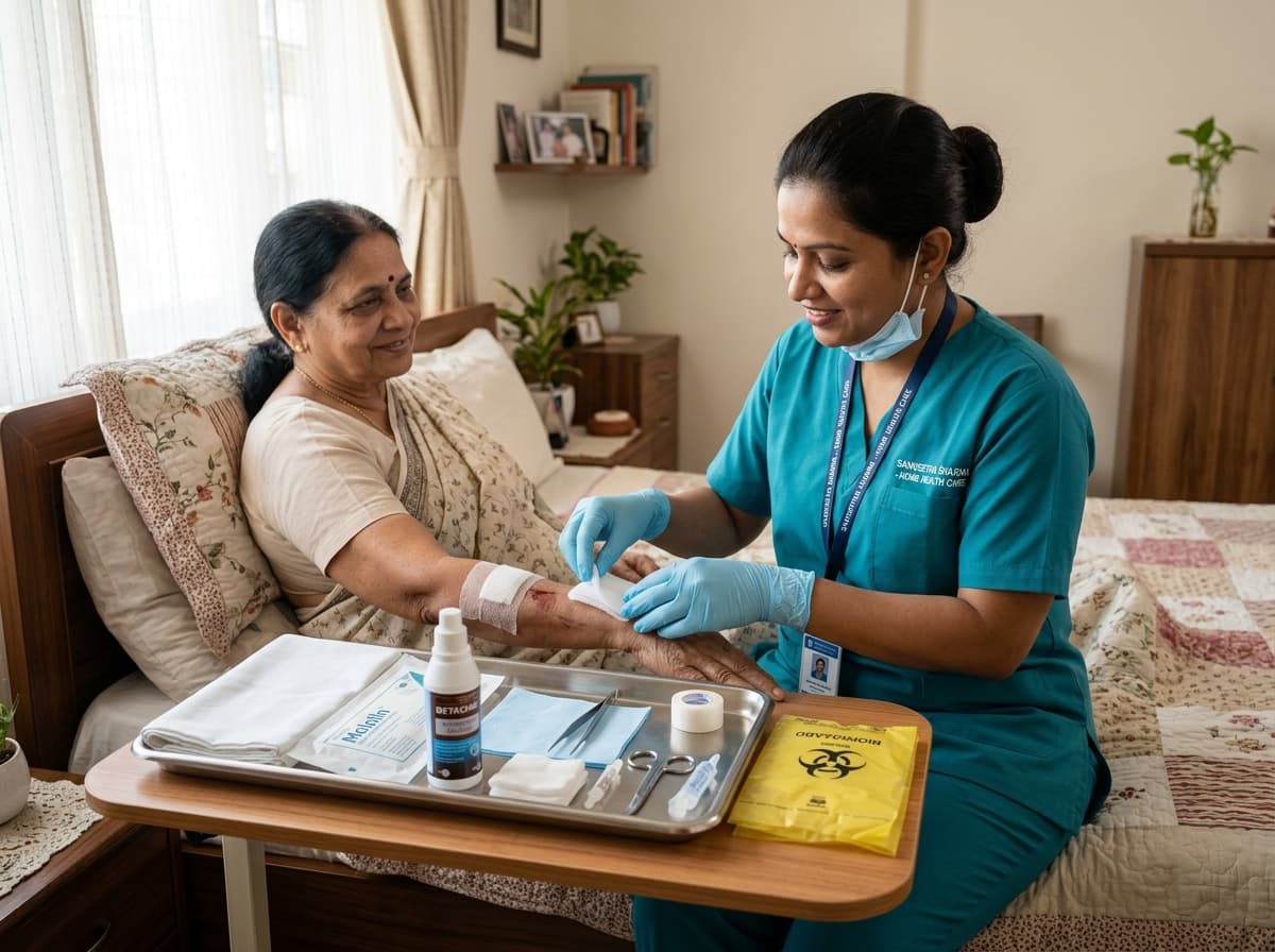 Nurse performing sterile wound dressing at a patient's home in Bhopal