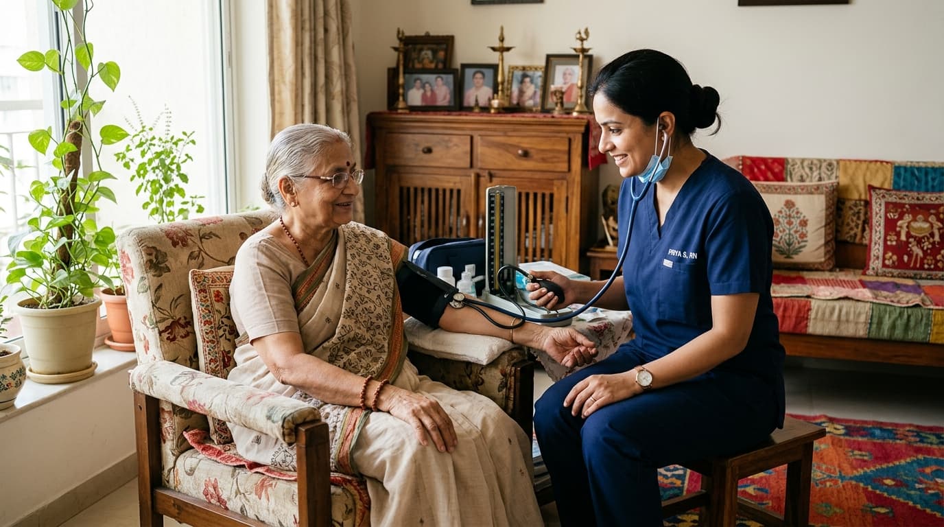 Home care nurse checking blood pressure of elderly patient at home in Bhopal