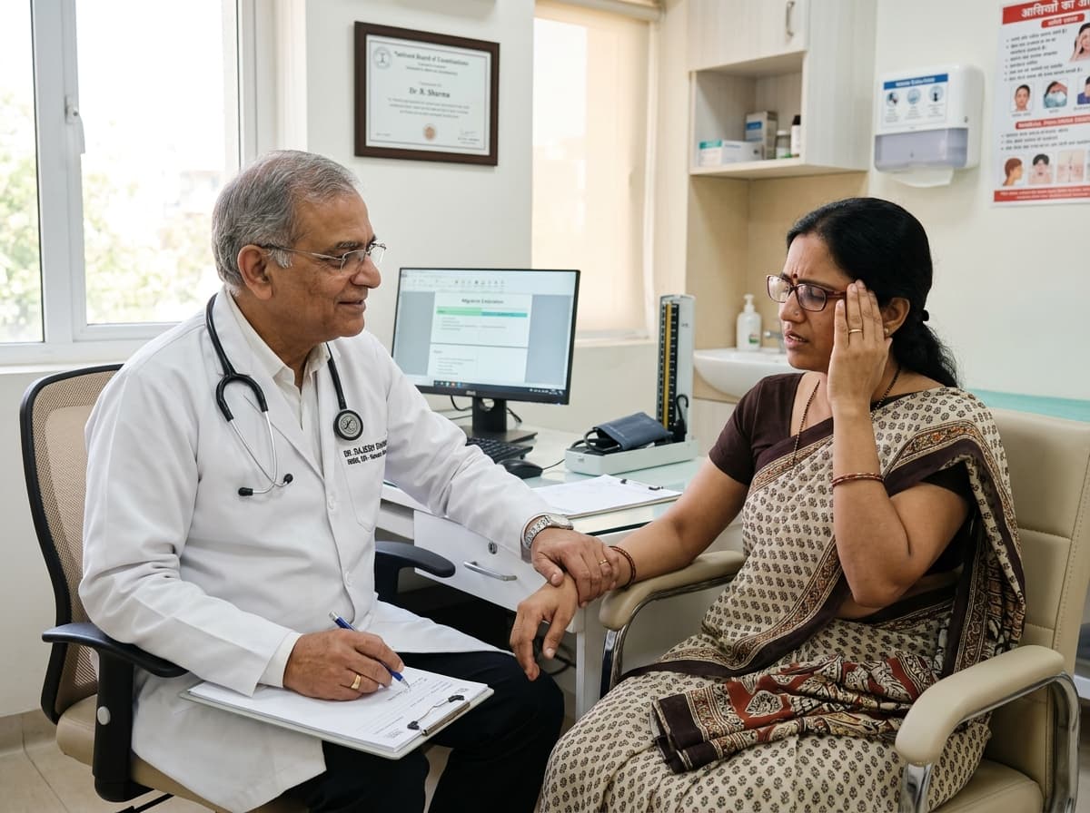 Doctor evaluating a migraine patient at Bhopal clinic