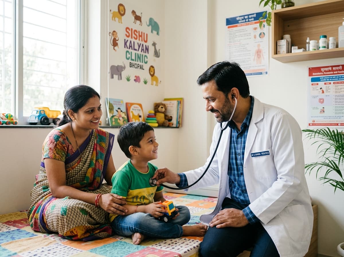 Doctor examining a child with fever at Bhopal clinic