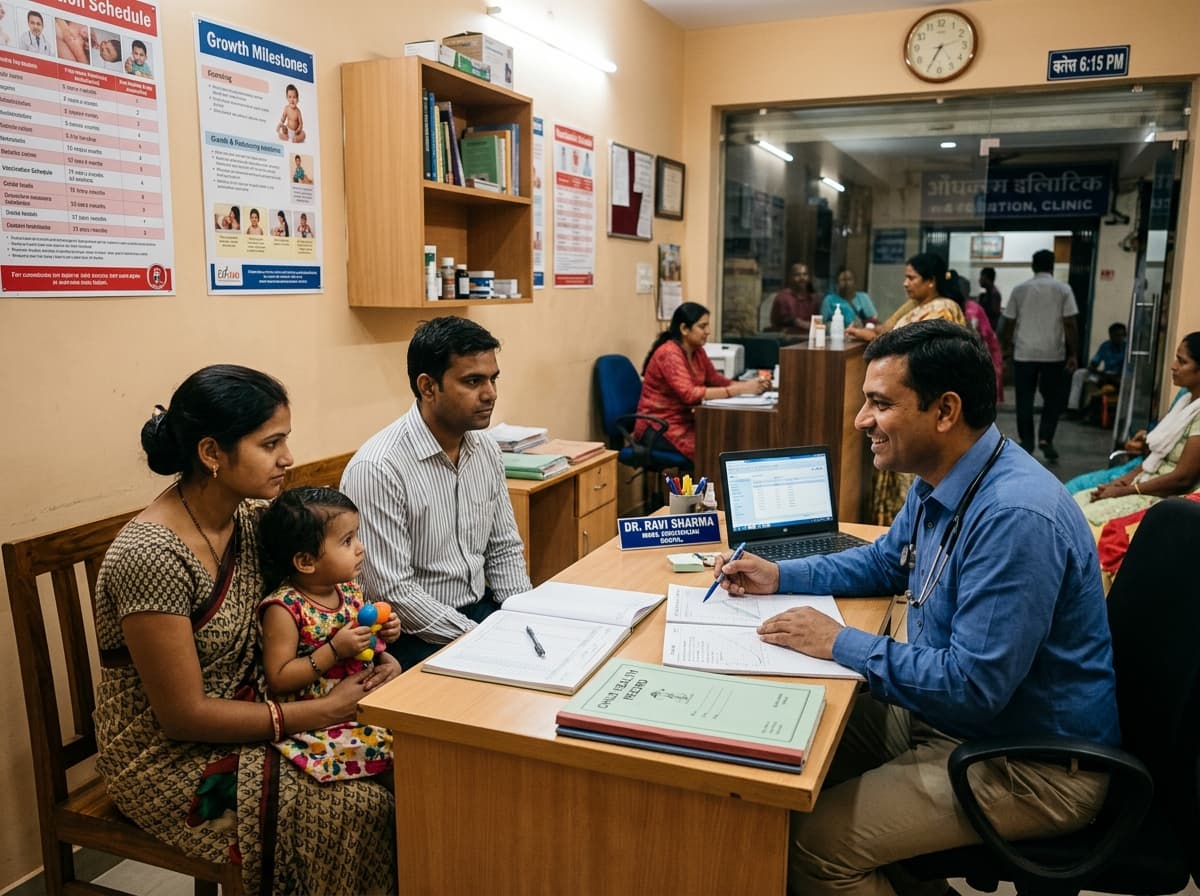 Parent and child during evening pediatric consultation at M.P. Nagar