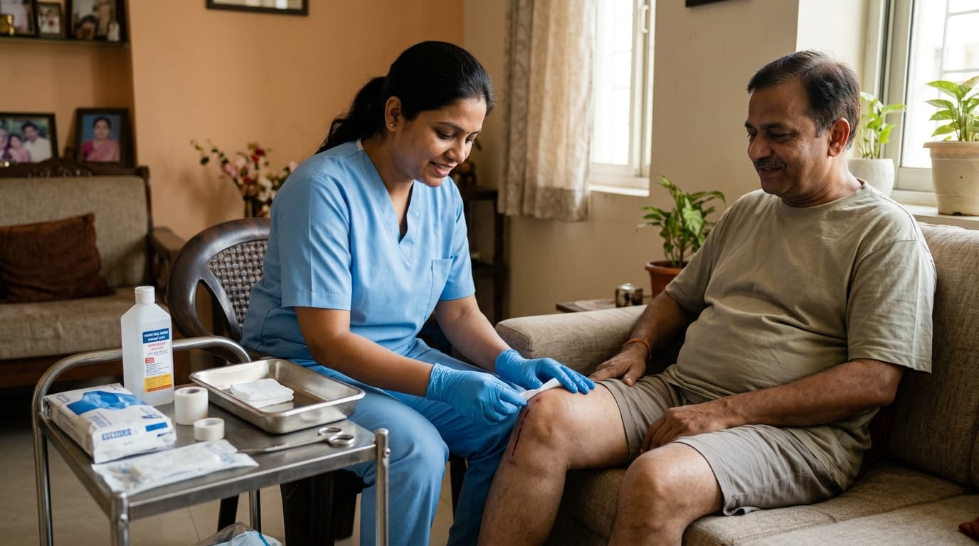 Nurse checking surgical wound during home recovery visit in Bhopal