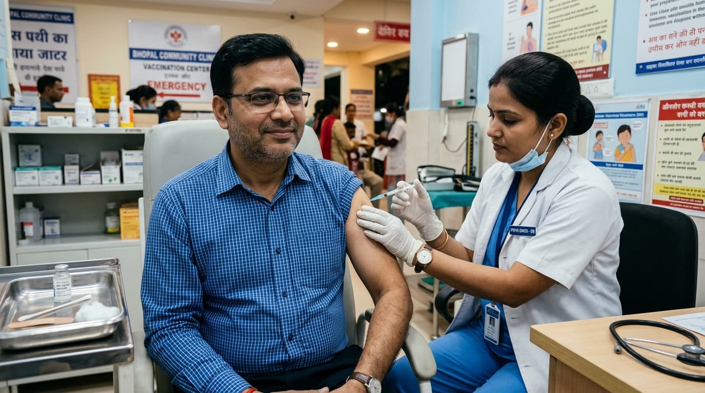 Adult receiving a flu vaccine at Bhopal clinic