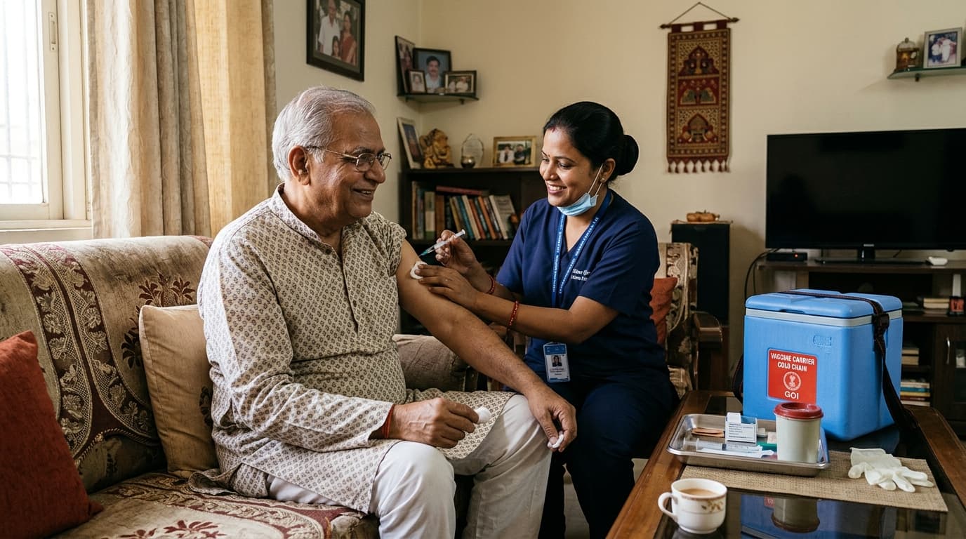 Senior citizen vaccination at home by clinic nurse